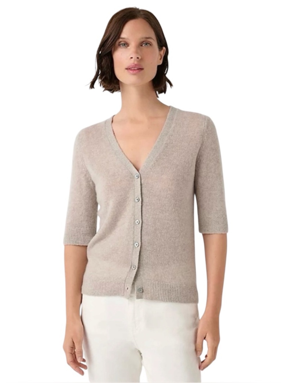 The White Company Cashmere Short Sleeve Cardigan Taupe Size XS Quiet Luxury